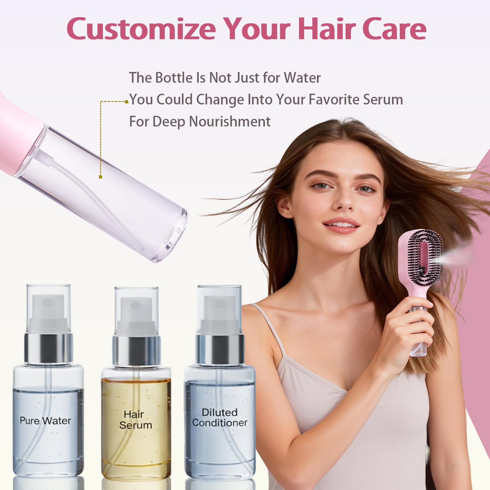 Hair Brush with Water Spray Mister - 2-in-1 Detangling Brush with Built-in Fine Mist, Portable Wet & Dry Styling Tool for Smooth, Frizz-Free Hair - Quick Refresh for Women & Girls On-The-Go(1pcs pink)